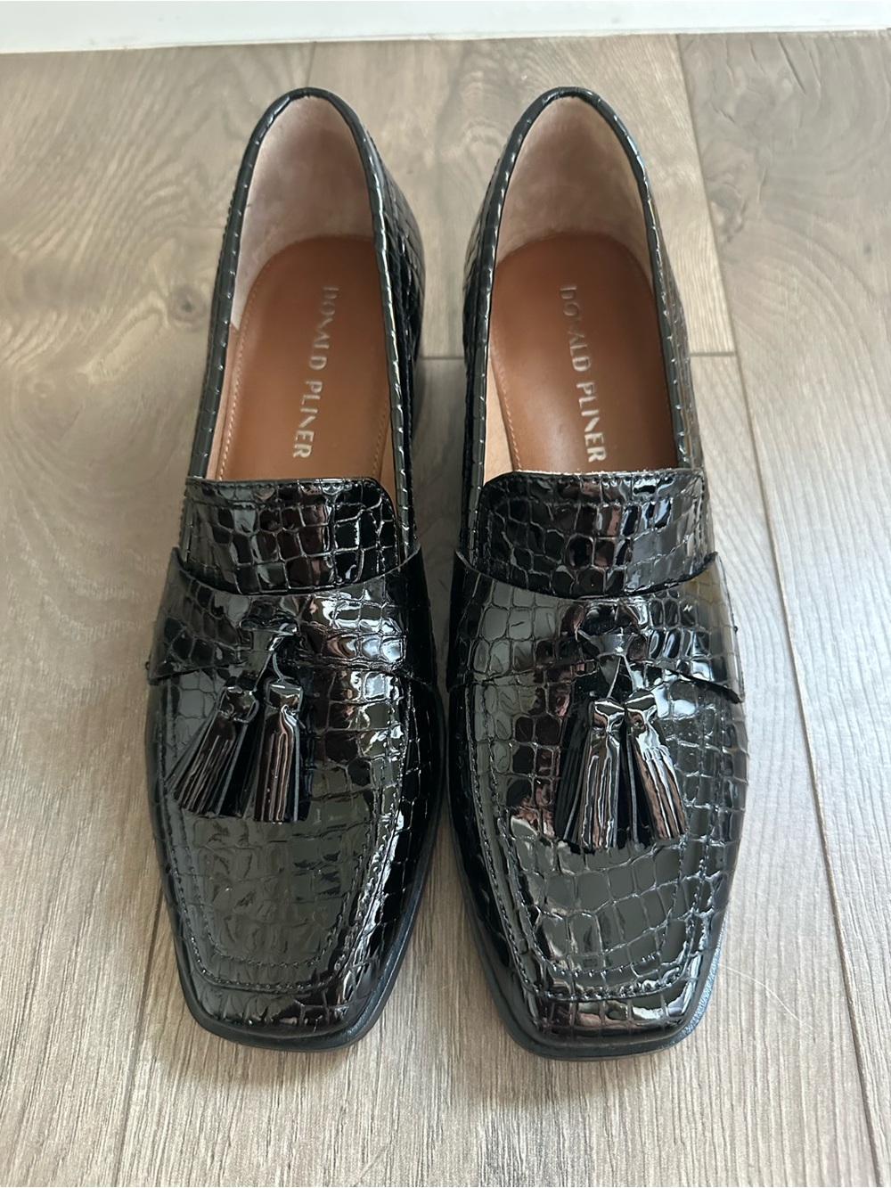 Donald Pliner Black Patent Leather with Tassels, 1 3/4" Heeled Loafers - Picture 4 of 9